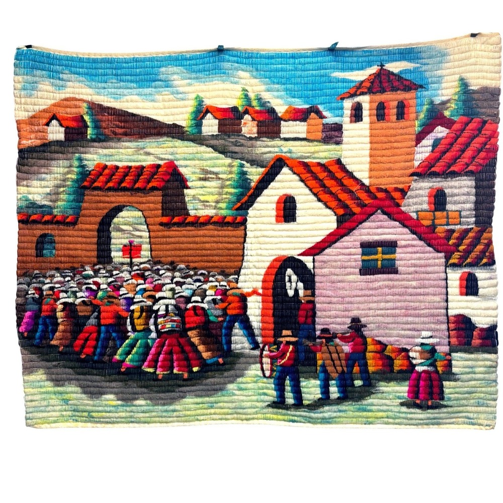 VTG Hand Woven Peruvian Wool Tapestry 31 x 39 Colorful Village Scene Folk Art